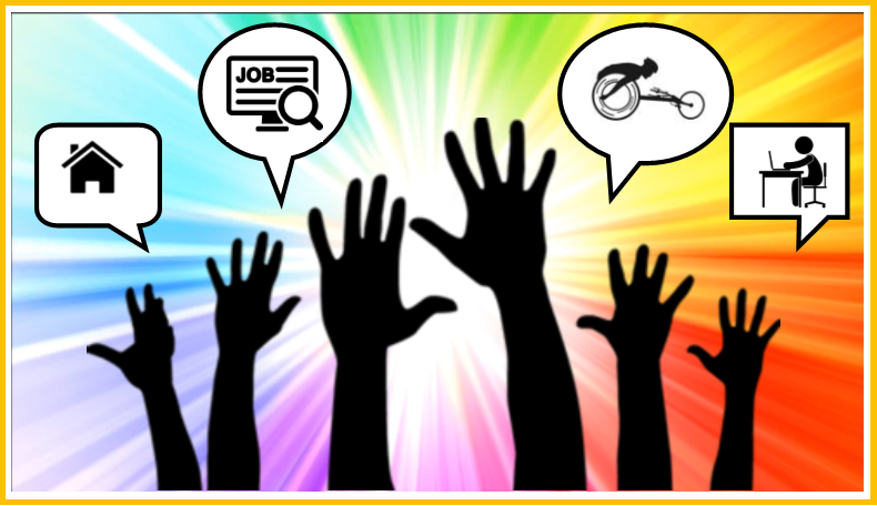 hands in the air with speech bubbles 