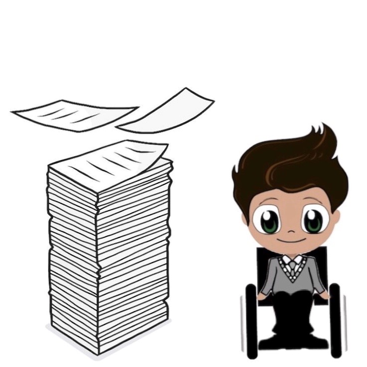boy next to a pile of papers