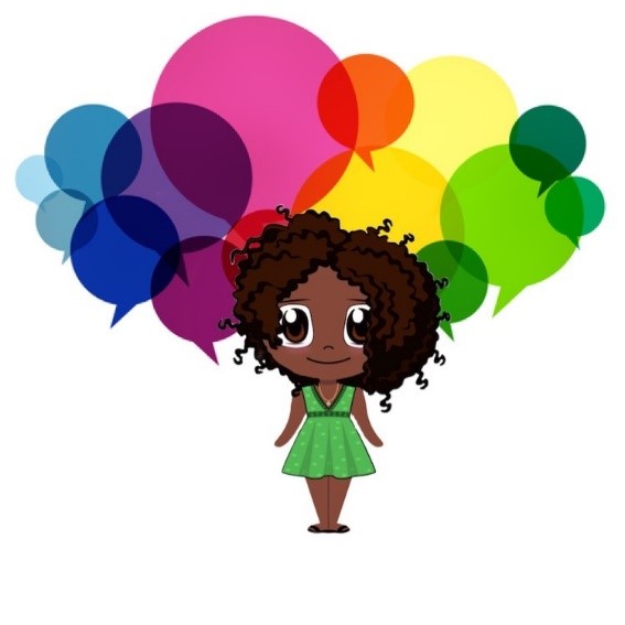 a girl surrounded by speech bubbles