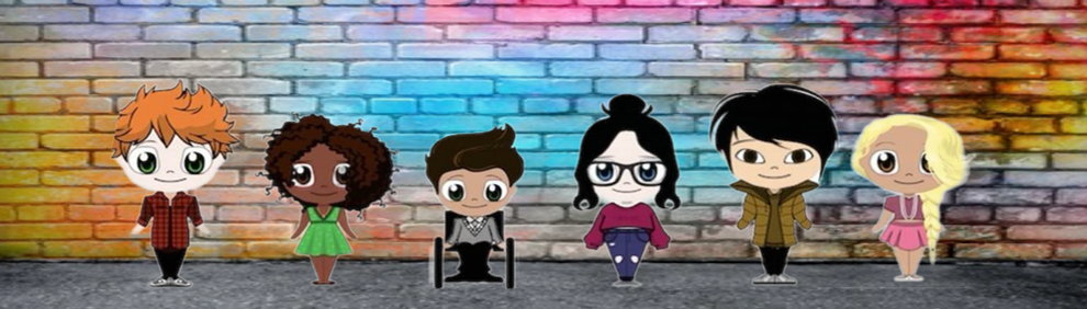 cartoon teens stood against a colourful brick wall